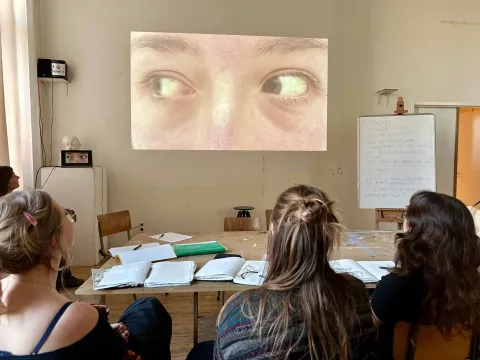 Leerlingen in de klas kijken naar een projectie van ogen